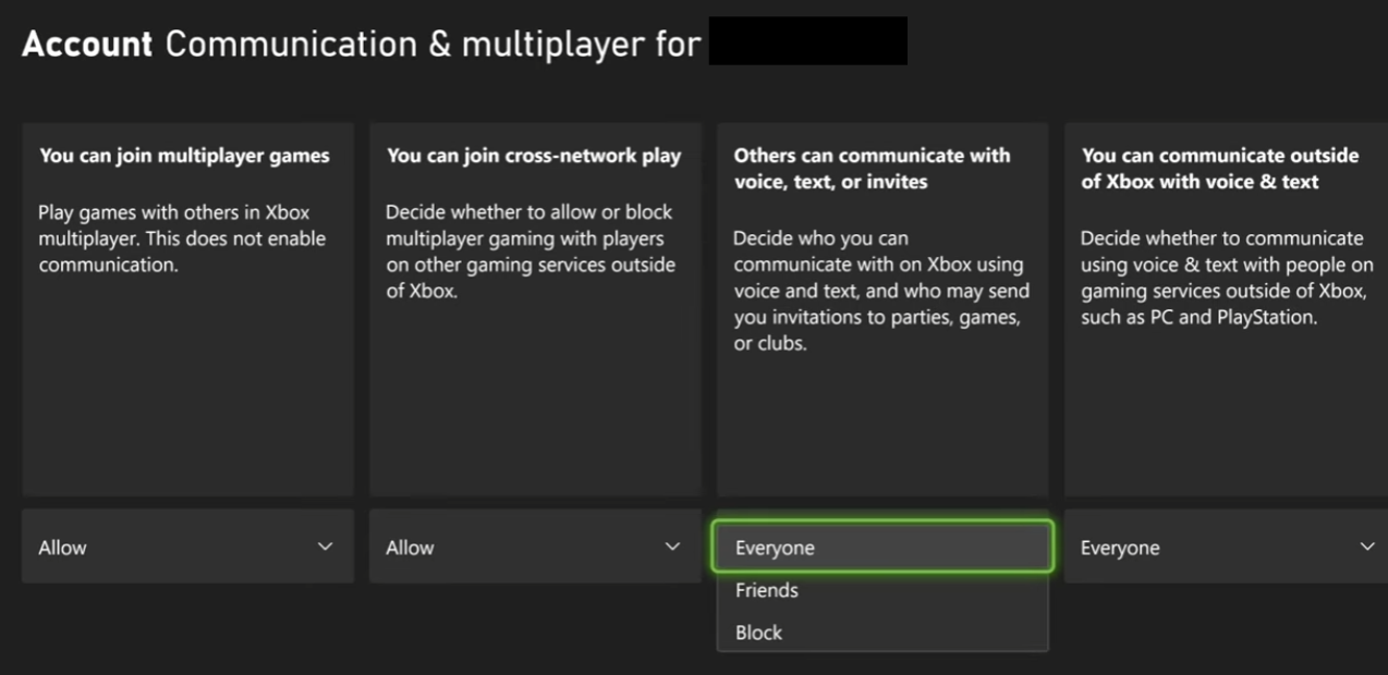 Xbox communication settings The option to allow invites