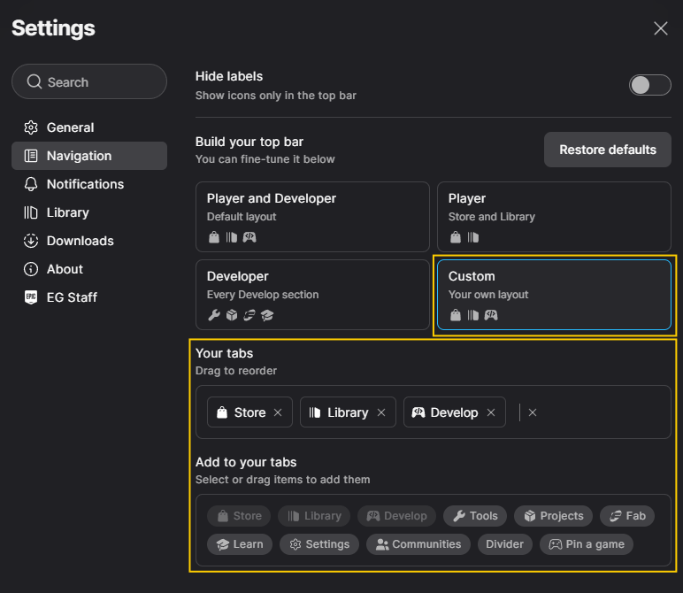 Example of the Layout Navigation settings in the Epic Games Launcher Early Preview