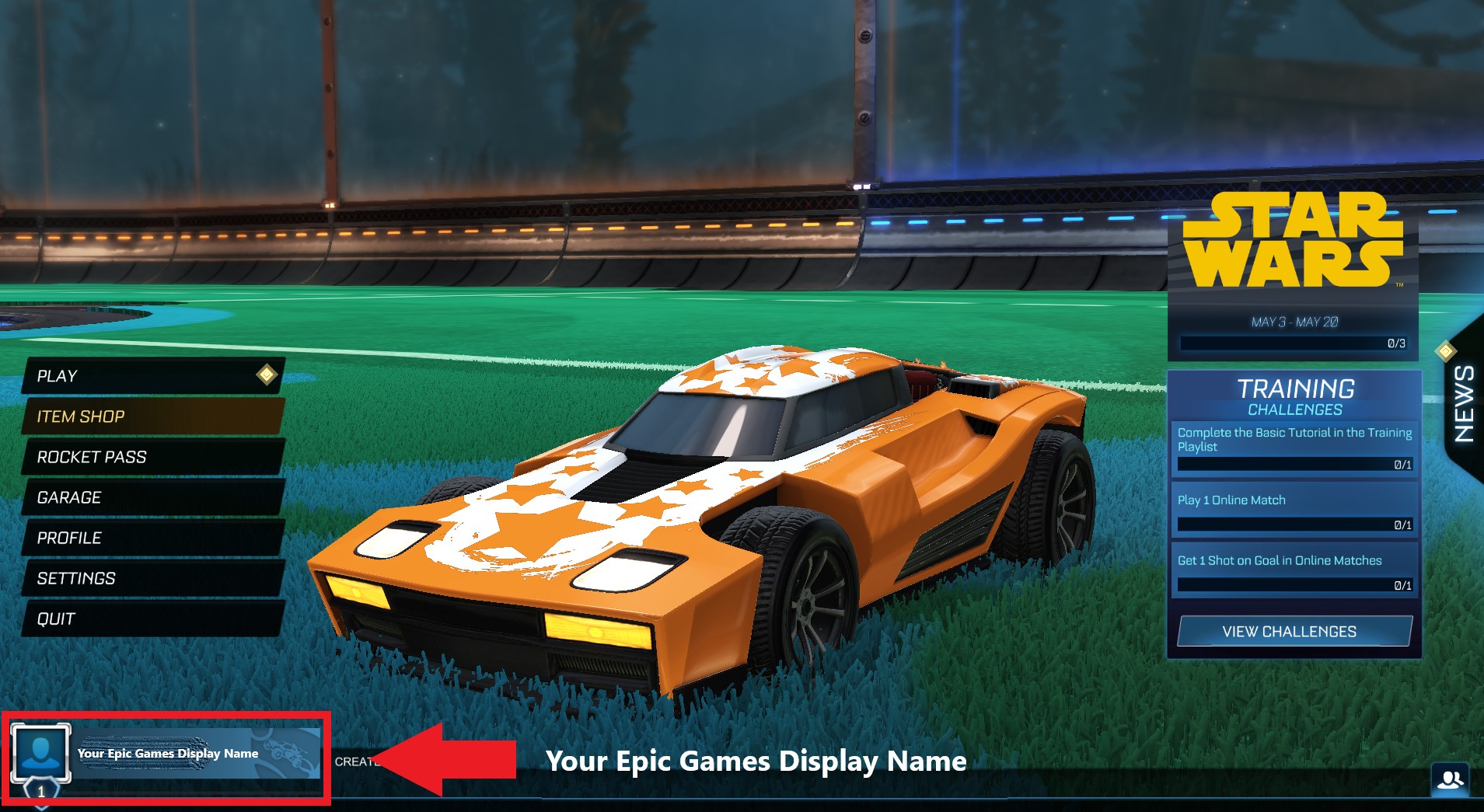 Locate your Epic Games display name on PC in Rocket League